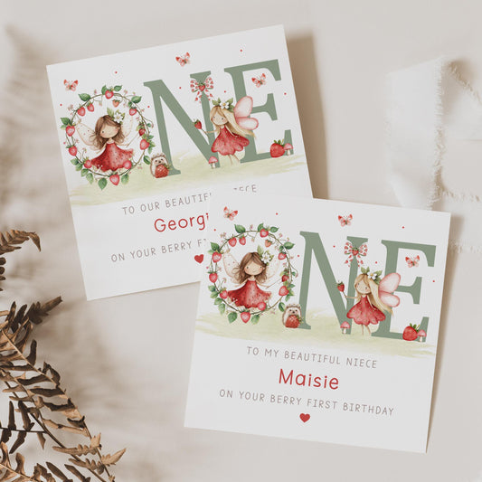 Berry First Birthday Card, Personalised 1st Strawberry Birthday Card for Daughter, Granddaughter, Sister, Niece, Sweet One Year Old Card