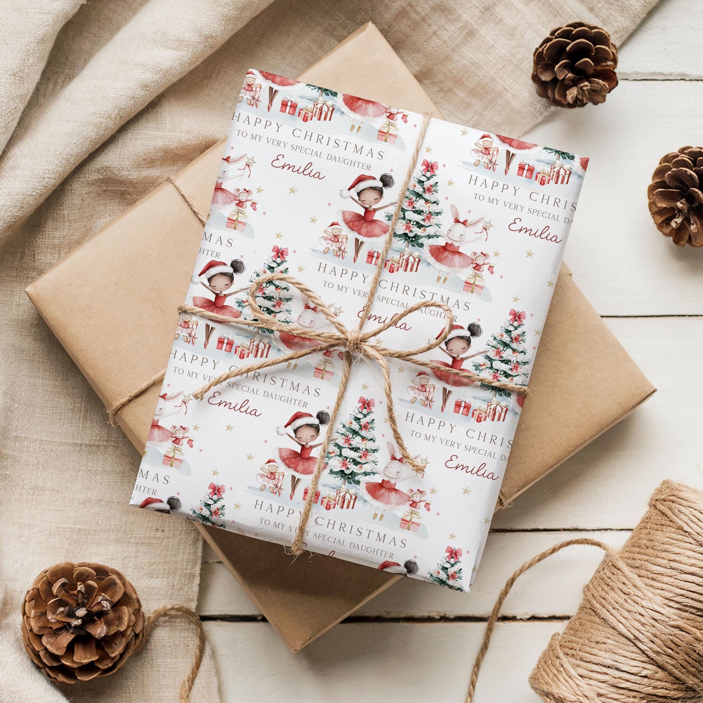 Girl's Christmas Gift Wrapping Paper, Personalised Ballerina Xmas Gift Wrap for Daughter, Granddaughter, Niece, Xmas Ballerina Bunny