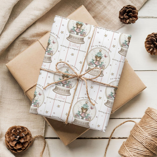 Christmas Gift Wrapping Paper for Girls, Personalised Xmas Gift Wrap for Daughter, Granddaughter, Niece, Christmas Fairy Girl in Snowglobe