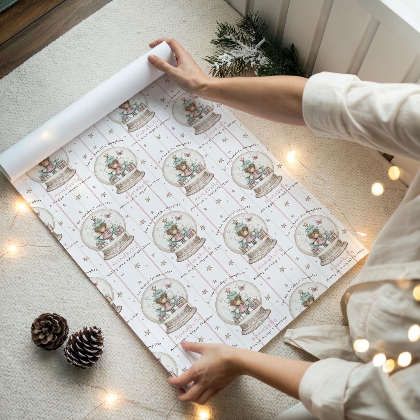 Christmas Gift Wrapping Paper for Girls, Personalised Xmas Gift Wrap for Daughter, Granddaughter, Niece, Christmas Fairy Girl in Snowglobe