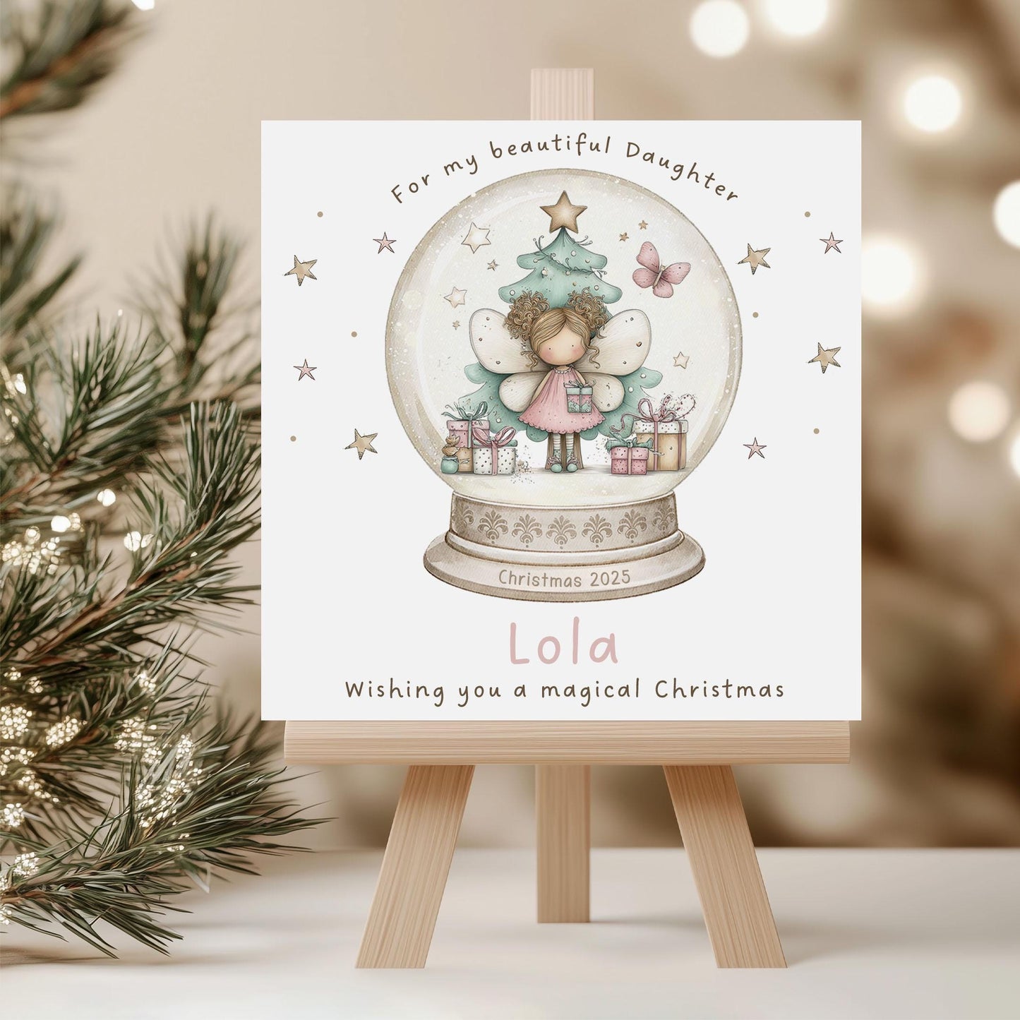 Christmas Gift Wrapping Paper for Girls, Personalised Xmas Gift Wrap for Daughter, Granddaughter, Niece, Christmas Fairy Girl in Snowglobe