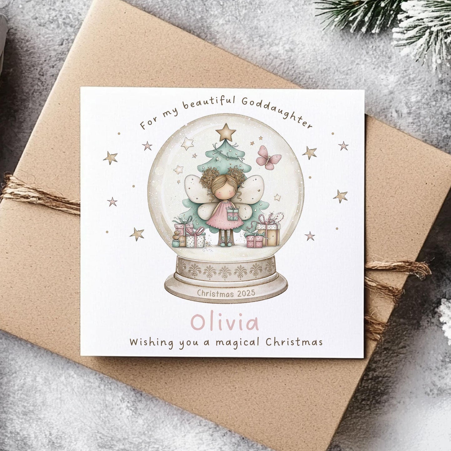 Christmas Gift Wrapping Paper for Girls, Personalised Xmas Gift Wrap for Daughter, Granddaughter, Niece, Christmas Fairy Girl in Snowglobe