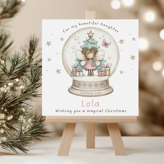 Christmas Card for Girls, Personalised Snowglobe Xmas Card for a Special Girl, for Daughter, Granddaughter, Niece, Cute Fairy Christmas Card