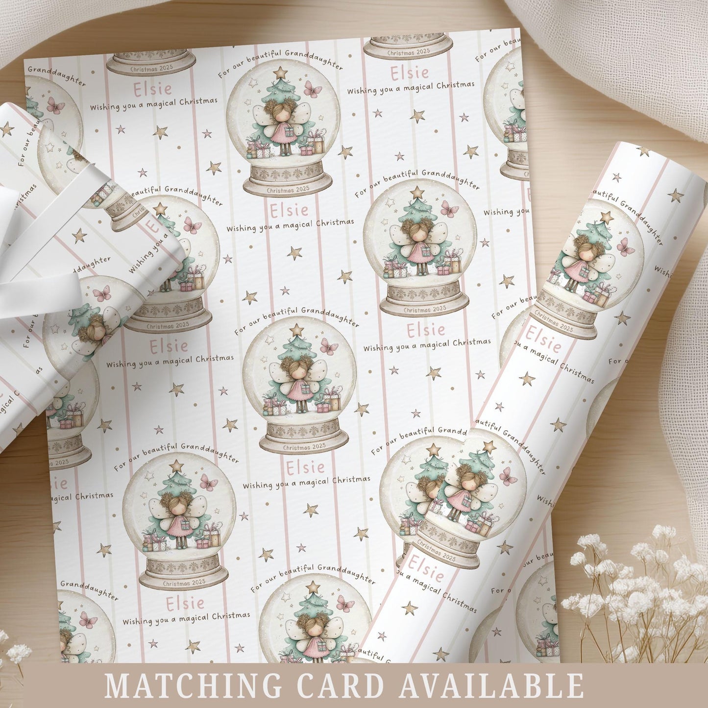 Christmas Gift Wrapping Paper for Girls, Personalised Xmas Gift Wrap for Daughter, Granddaughter, Niece, Christmas Fairy Girl in Snowglobe