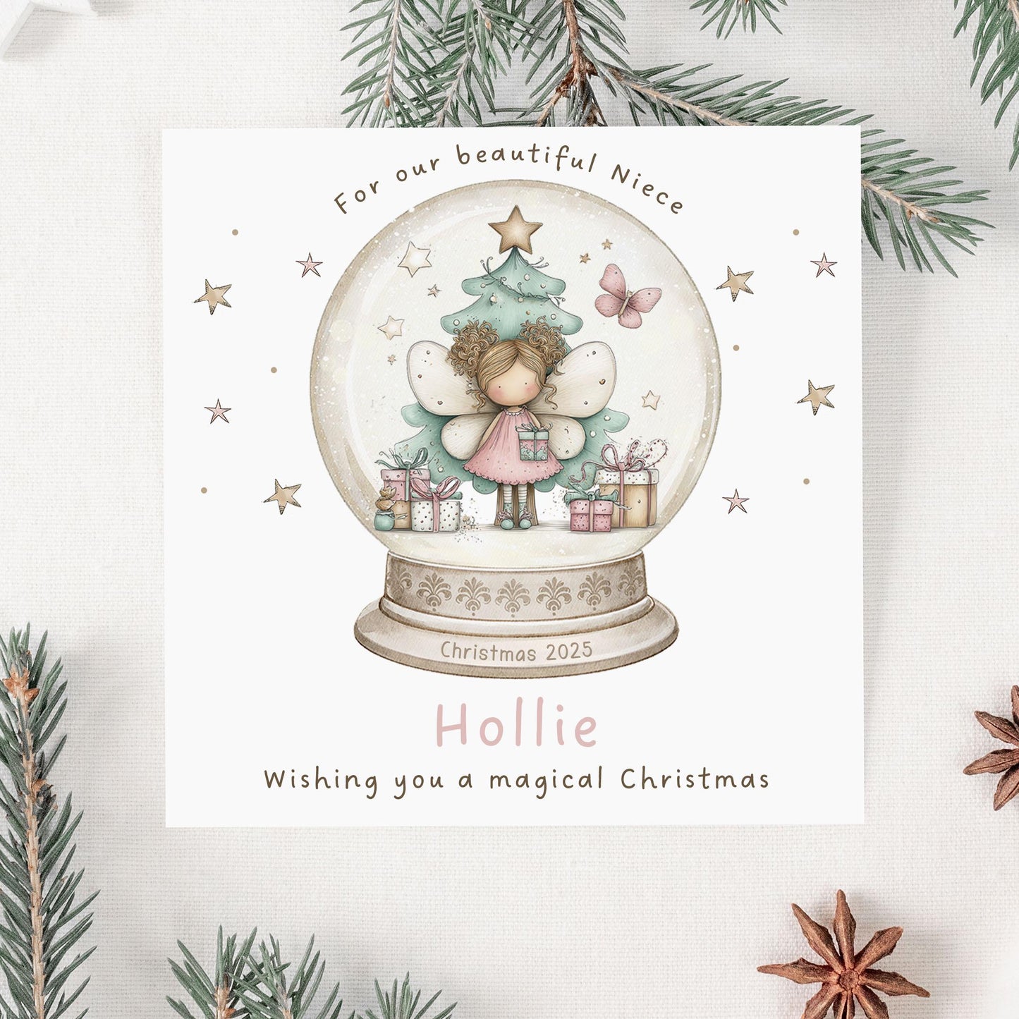 Christmas Gift Wrapping Paper for Girls, Personalised Xmas Gift Wrap for Daughter, Granddaughter, Niece, Christmas Fairy Girl in Snowglobe