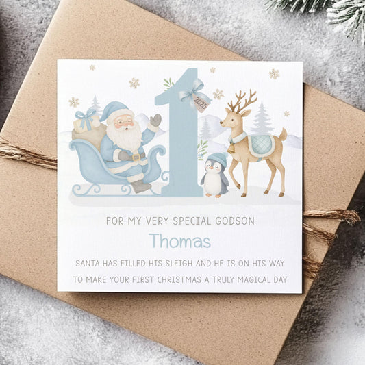 First Christmas Card for Baby Boy, Personalised Blue Santa 1st Christmas Card for Son, Grandson, Nephew, Godson, Boy's 1st Xmas Card