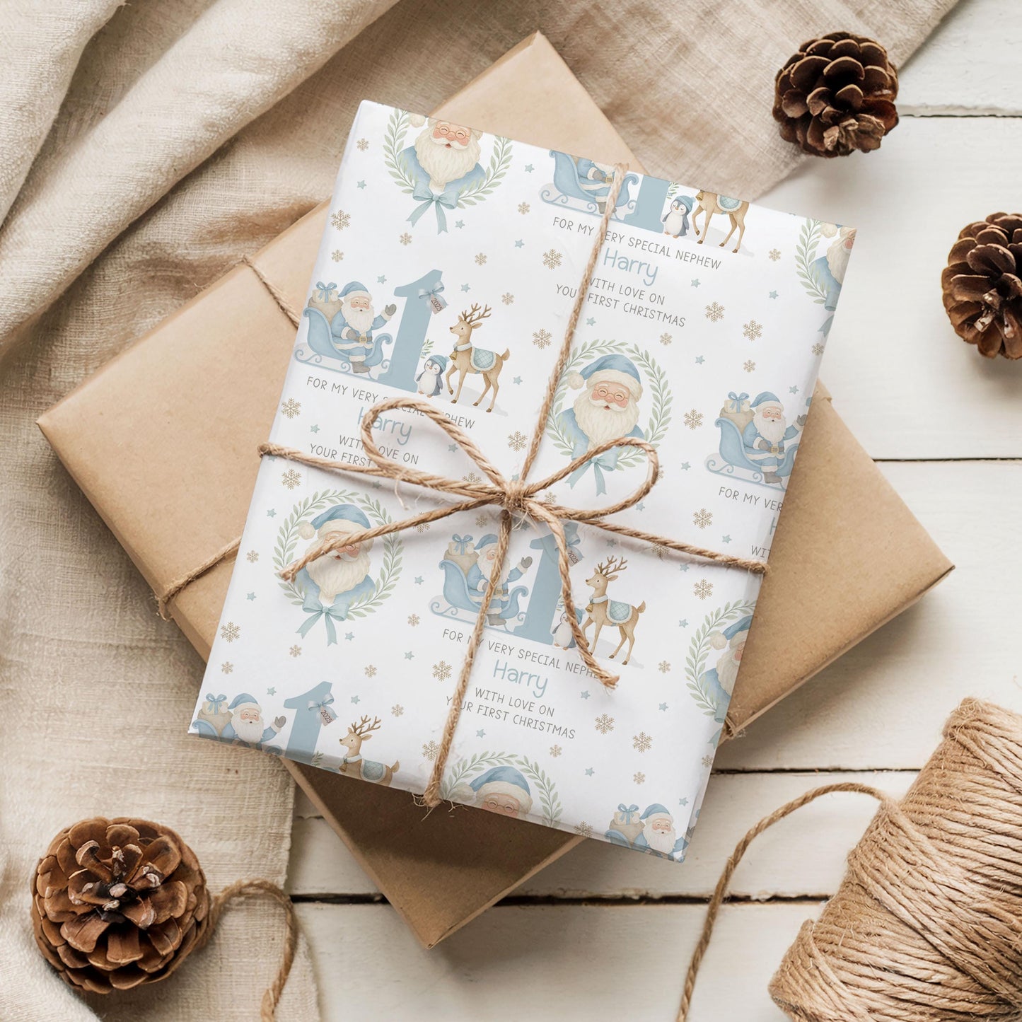1st Christmas Gift Wrapping Paper, Personalised First Xmas Gift Wrap for Baby Boy, Son, Grandson, Nephew, Godson Blue Santa Claus Xmas Paper