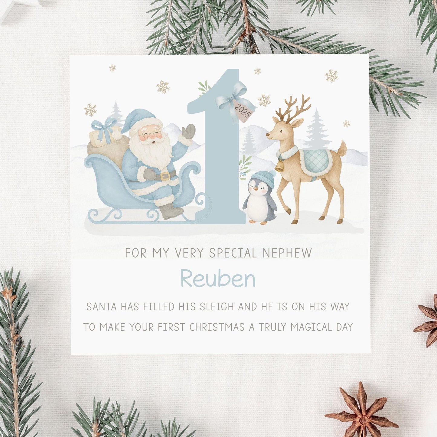 1st Christmas Gift Wrapping Paper, Personalised First Xmas Gift Wrap for Baby Boy, Son, Grandson, Nephew, Godson Blue Santa Claus Xmas Paper