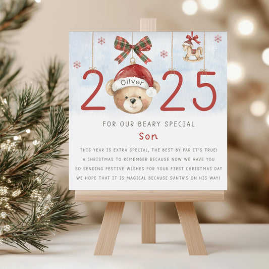 First Christmas Card for Baby Boy, Personalised Teddy Bear 1st Xmas Card for Son, Grandson, Great Grandson, Nephew, Godson, 1st Xmas 2025