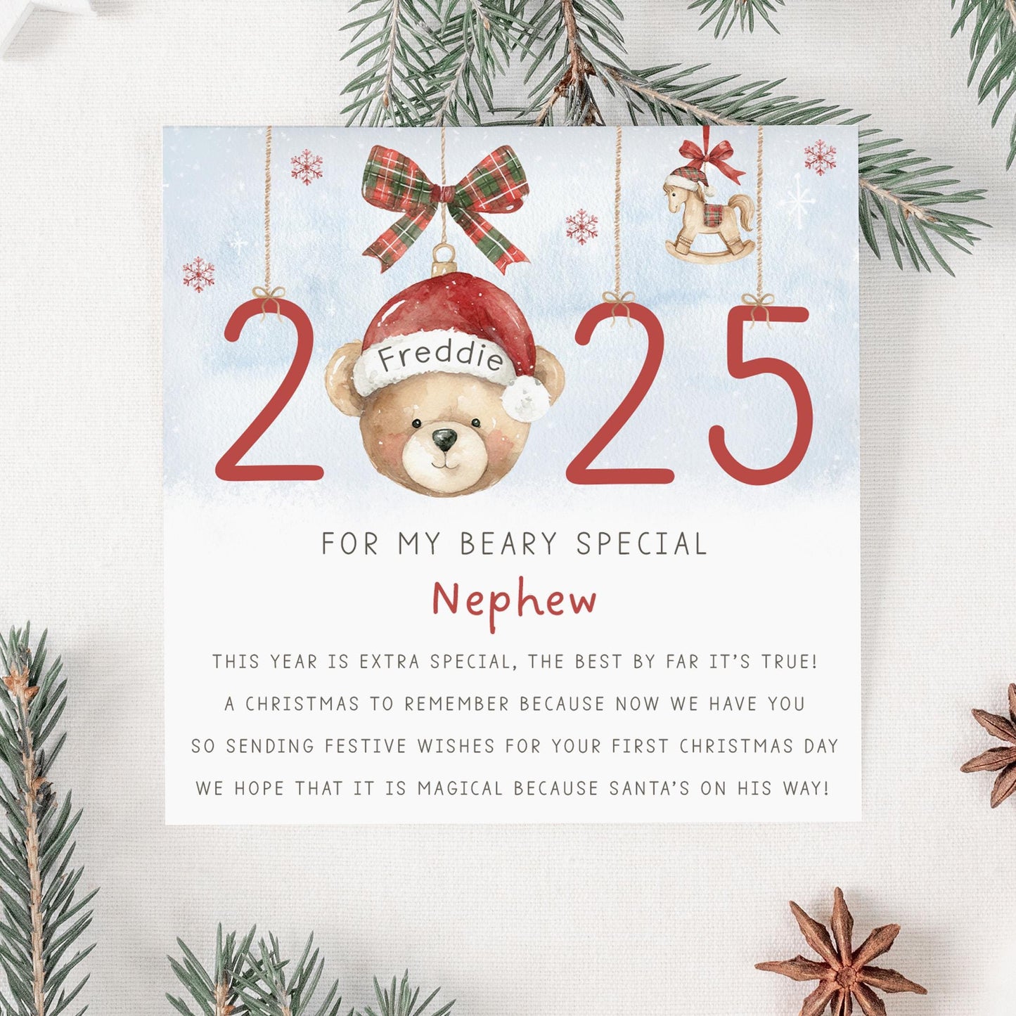 First Christmas Card for Baby Boy, Personalised Teddy Bear 1st Xmas Card for Son, Grandson, Great Grandson, Nephew, Godson, 1st Xmas 2025