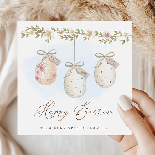 Personalised Easter Card for Family, Custom Names Easter Eggs Card for Son, Daughter & Family