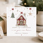 Personalised First Christmas in new home card with festive red house, Christmas tree and presents, customised with names.