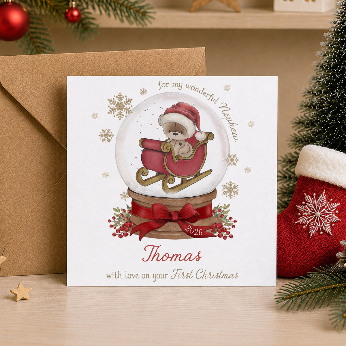 Personalised Grandson First Christmas Card – Teddy Snow Globe