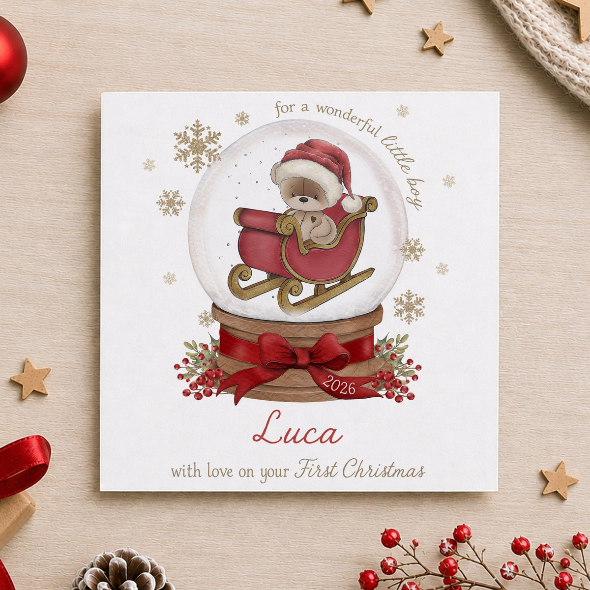 Personalised Grandson First Christmas Card – Teddy Snow Globe