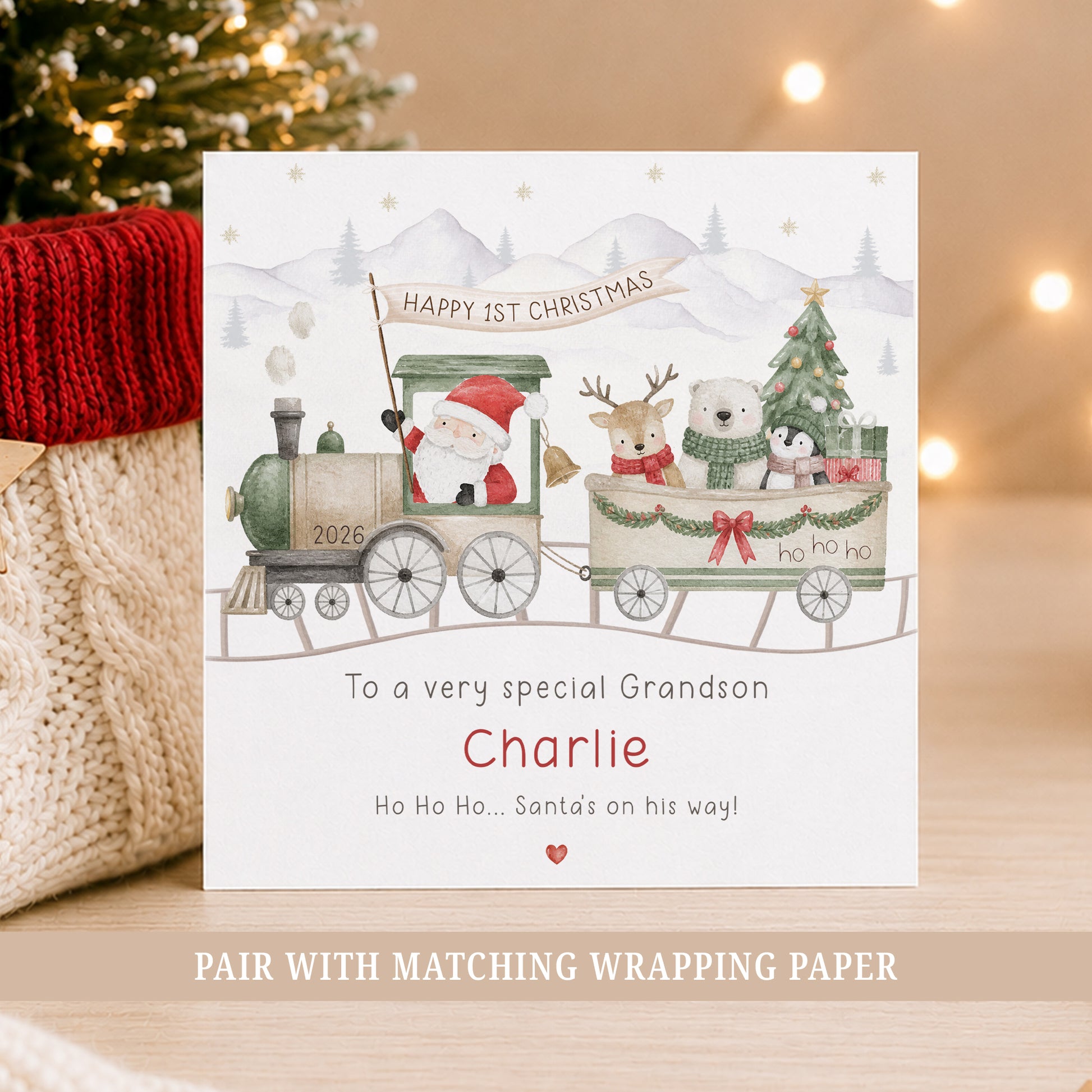 Personalised Santa train First Christmas card for a little boy with name and relation.