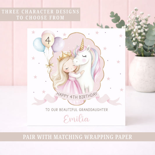 Personalised Girl's Pink Princess & Unicorn Birthday Card