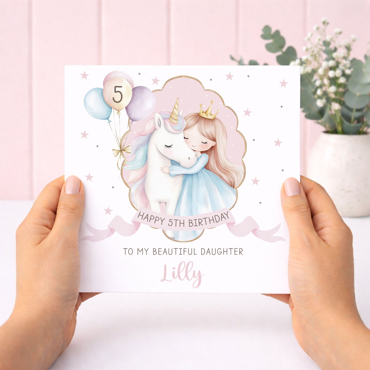 Personalised Girl's Pink Princess & Unicorn Birthday Wrapping Paper