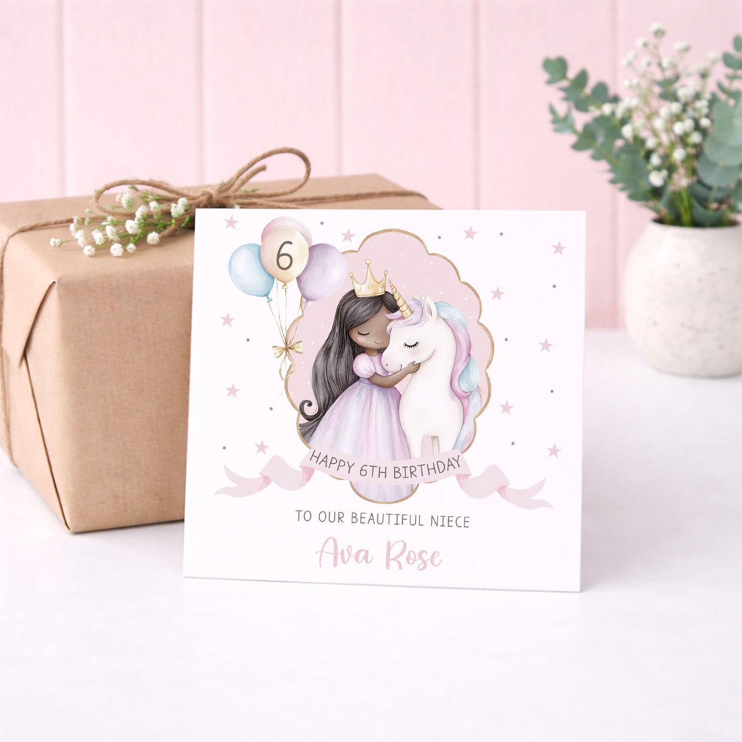Personalised Girl's Pink Princess & Unicorn Birthday Wrapping Paper