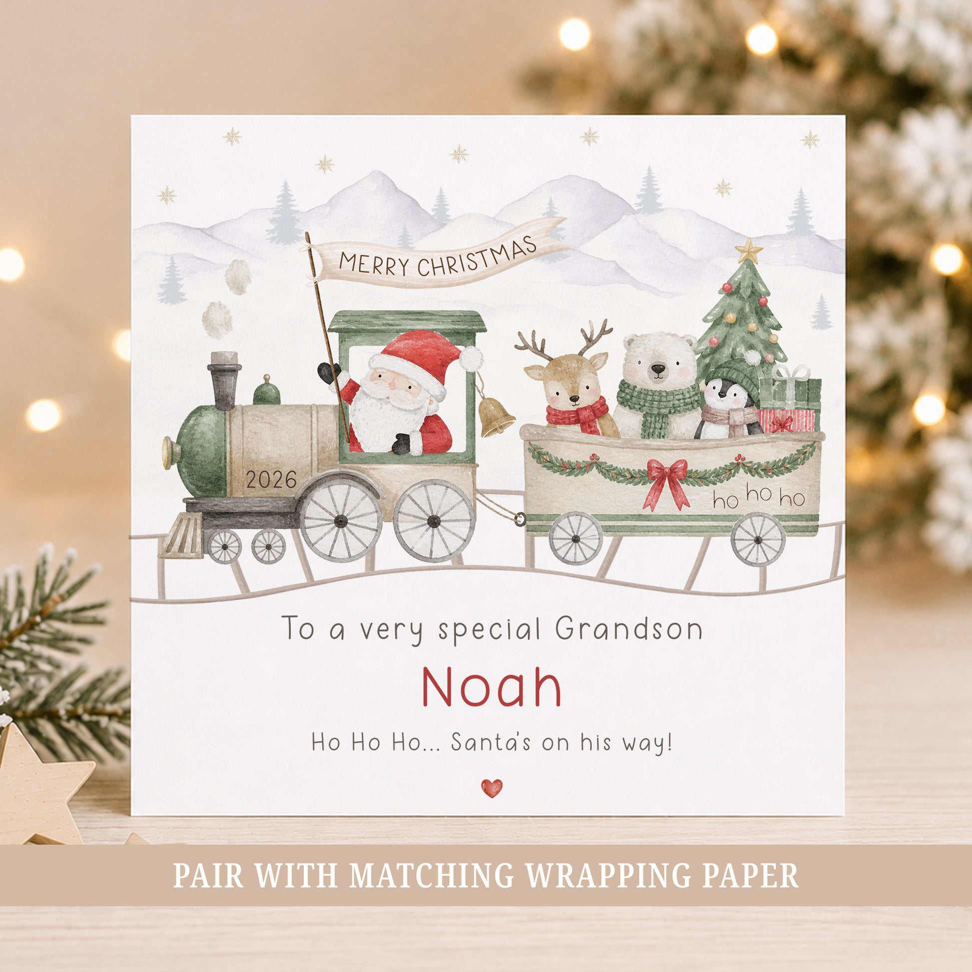 Personalised Grandson Christmas card featuring Santa on a festive train with a reindeer, polar bear and penguin, personalised with his name and relation.