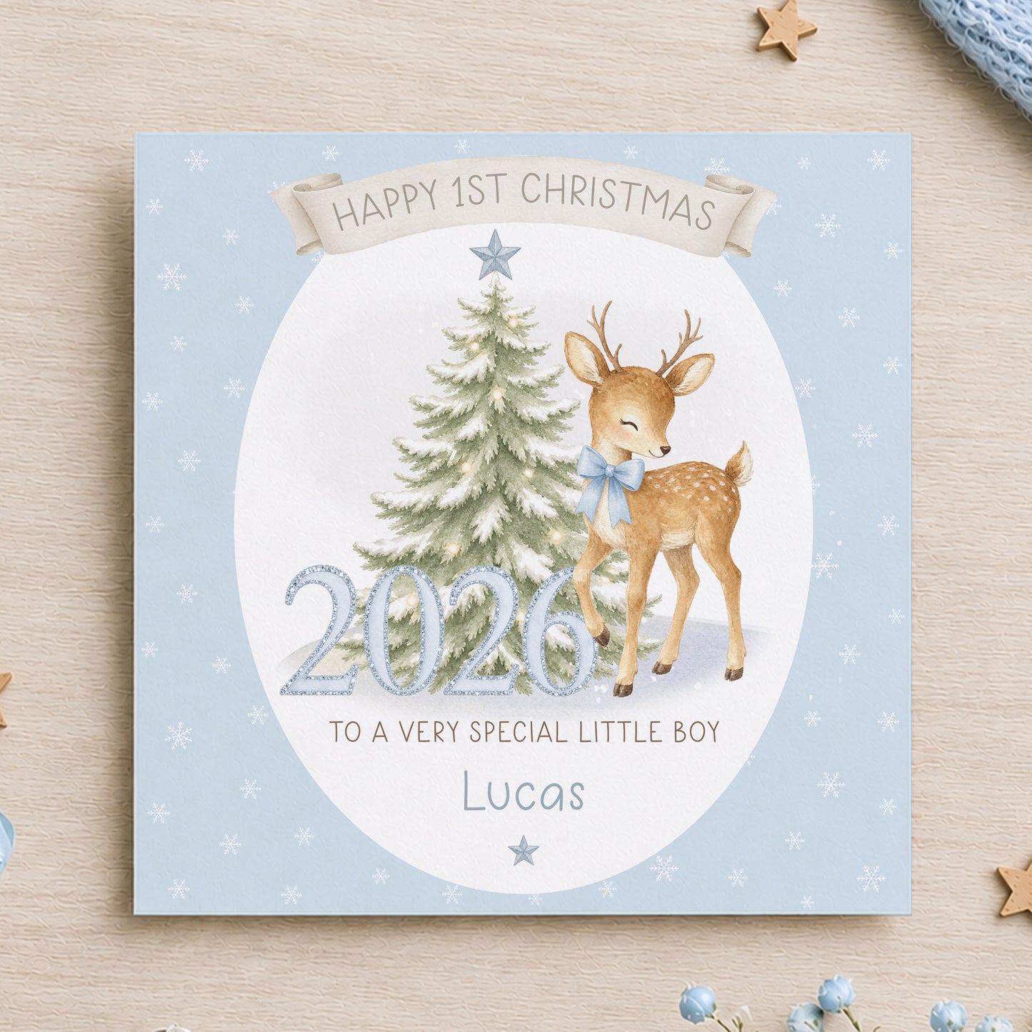 Personalised Boys First Christmas Wrapping Paper – Blue Reindeer 2026