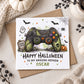 Personalised Nephew Halloween card featuring a black and green gaming controller with orange and purple buttons, pumpkin, bats, pixel ghost, spider and web, skull and Game Over sign. Personalised with his name and relation for Halloween.