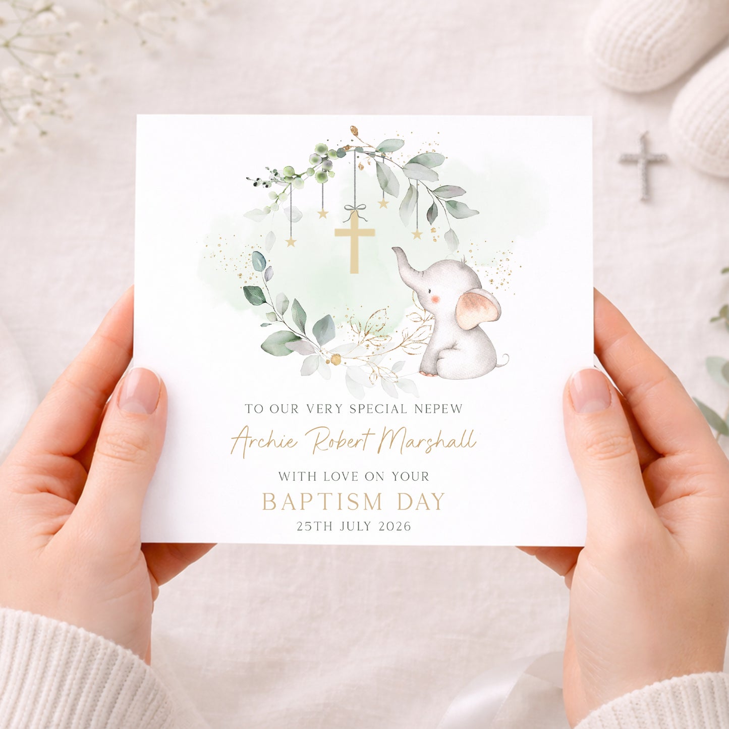 Personalised Green Eucalyptus Baby Boy's Christening Naming Day Wrapping Paper