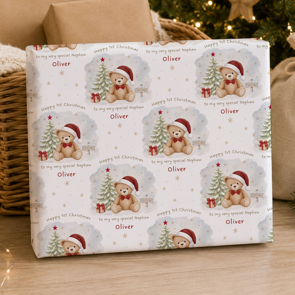 Personalised Grandson's First Christmas Teddy Bear Wrapping Paper