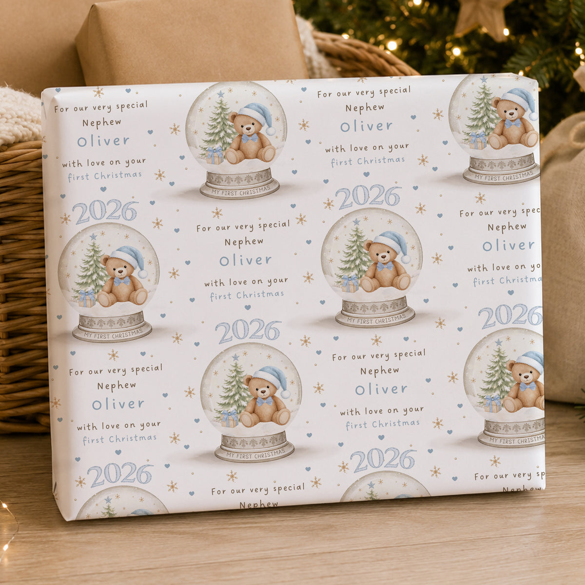 Personalised First Christmas Card – Teddy Bear Snow Globe