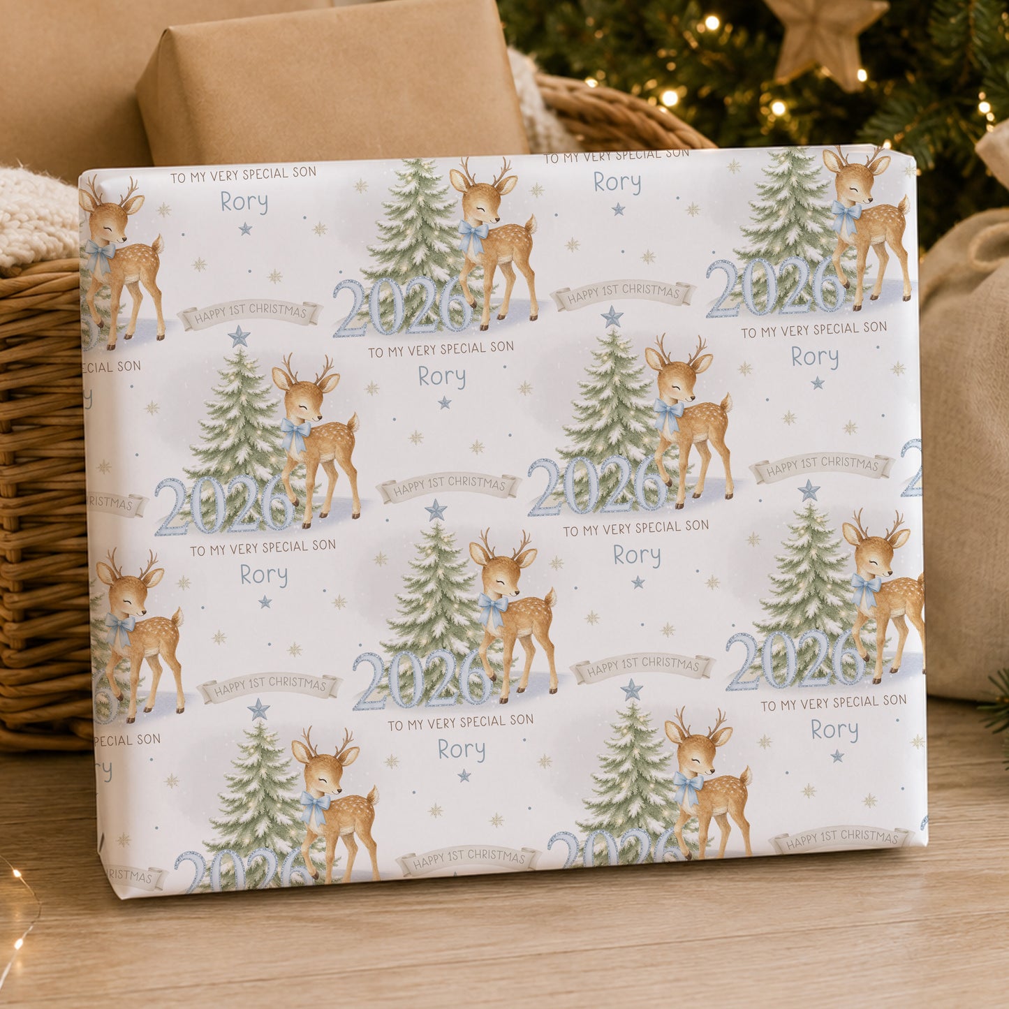 Personalised Boys First Christmas Wrapping Paper – Blue Reindeer 2026