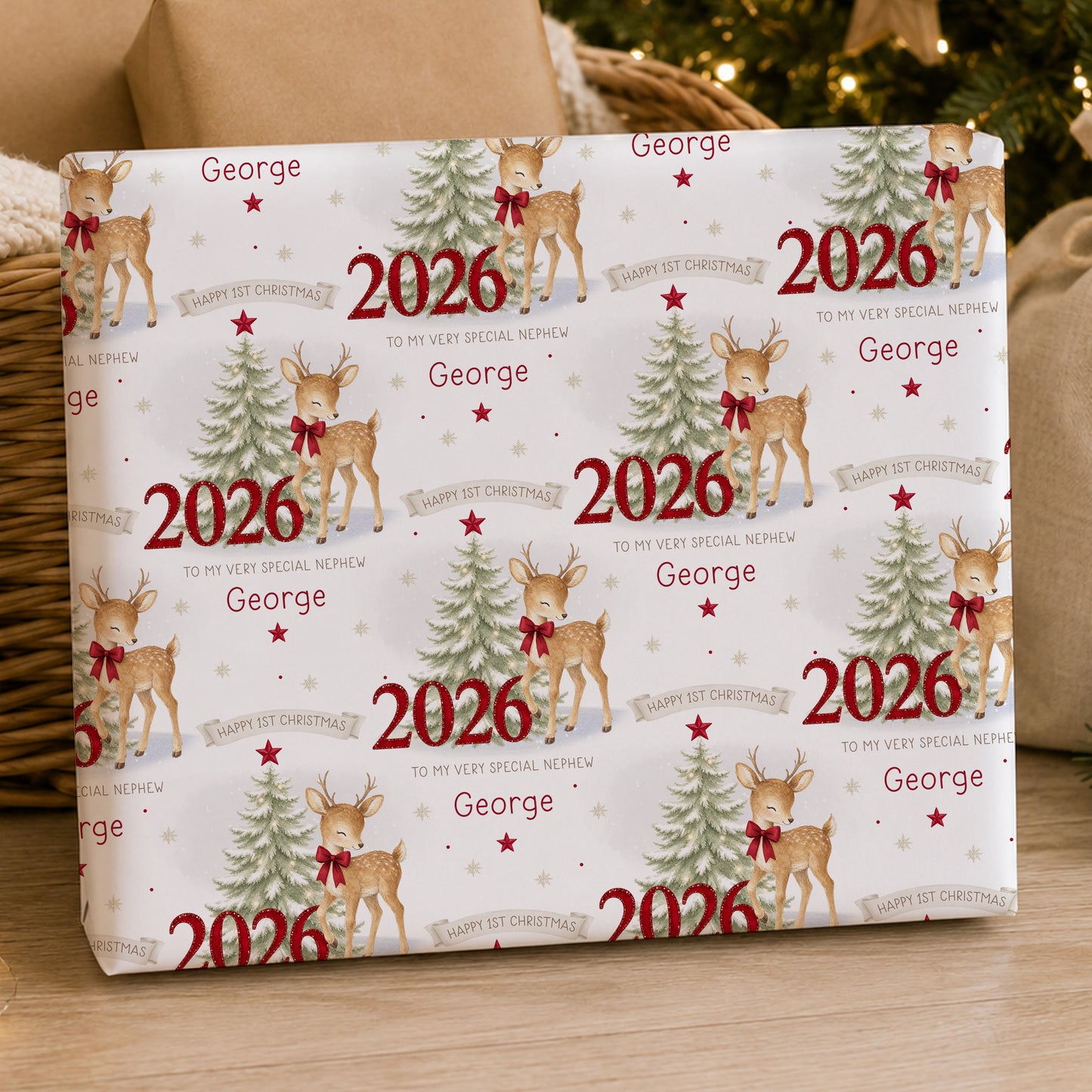 Personalised First Christmas Wrapping Paper – Red Reindeer 2026