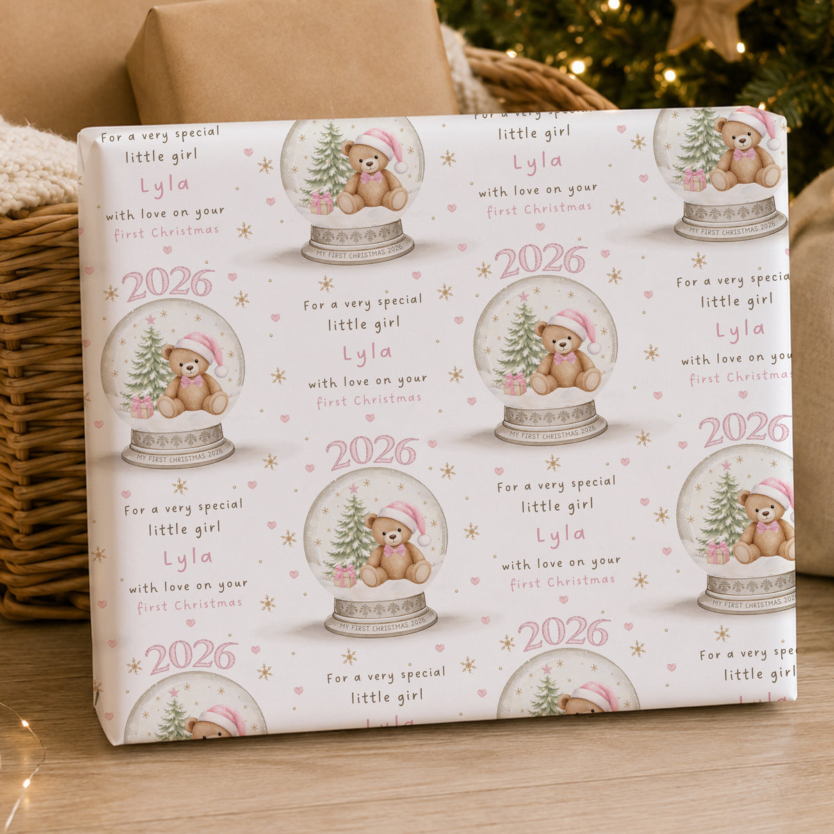 Personalised Pink First Christmas Wrapping Paper – Teddy Bear