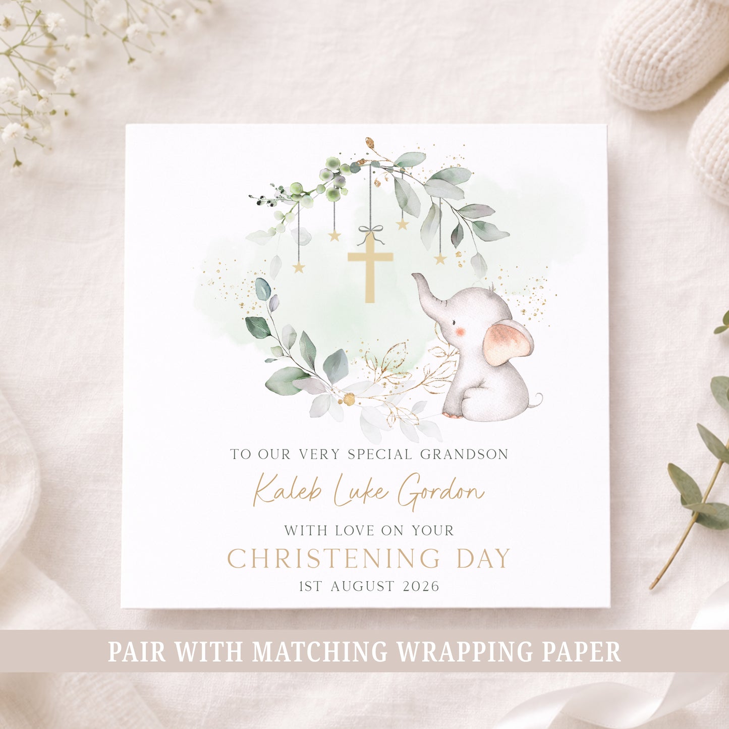 Personalised Green Eucalyptus Baby Boy's Christening Baptism Card