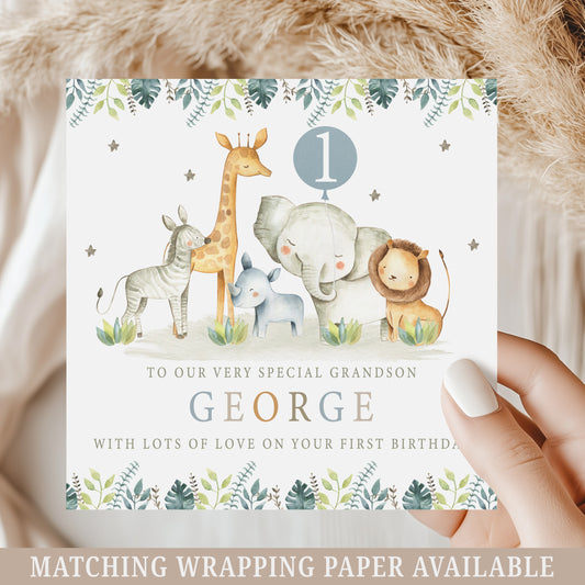 Personalised Safari Animals First Birthday Card