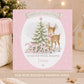 Personalised baby girl First Christmas card featuring a reindeer with pink bow, snowy Christmas tree, pink 2026 numbers, stars and snowflakes.