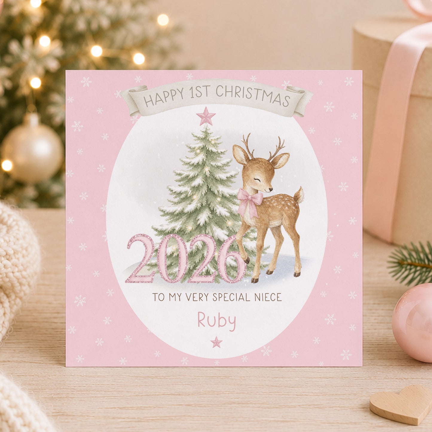 Personalised Girls First Christmas Wrapping Paper – Pink Reindeer 2026