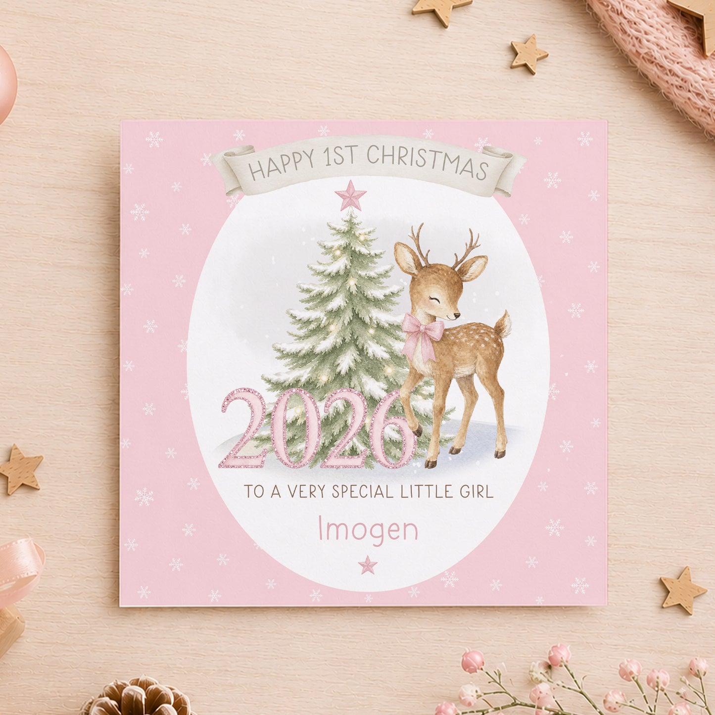 Personalised Girls First Christmas Wrapping Paper – Pink Reindeer 2026