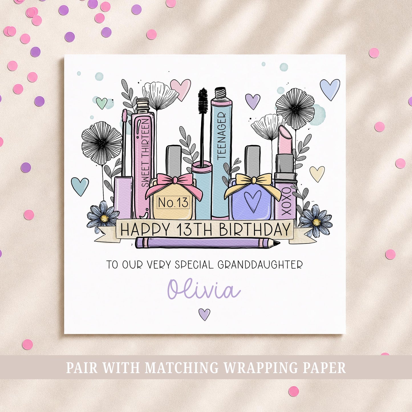 Personalised 13th birthday makeup card with illustrated cosmetics, lipstick, mascara, perfume and name.