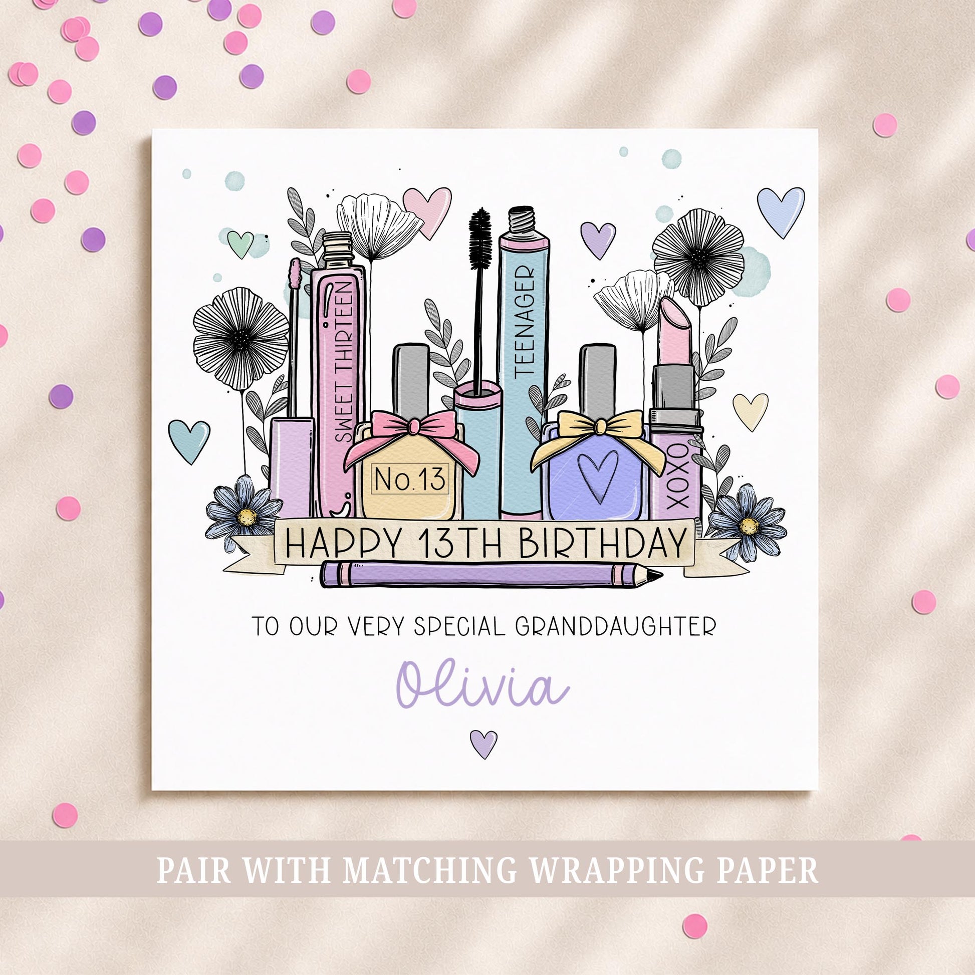 Personalised 13th birthday makeup card with illustrated cosmetics, lipstick, mascara, perfume and name.