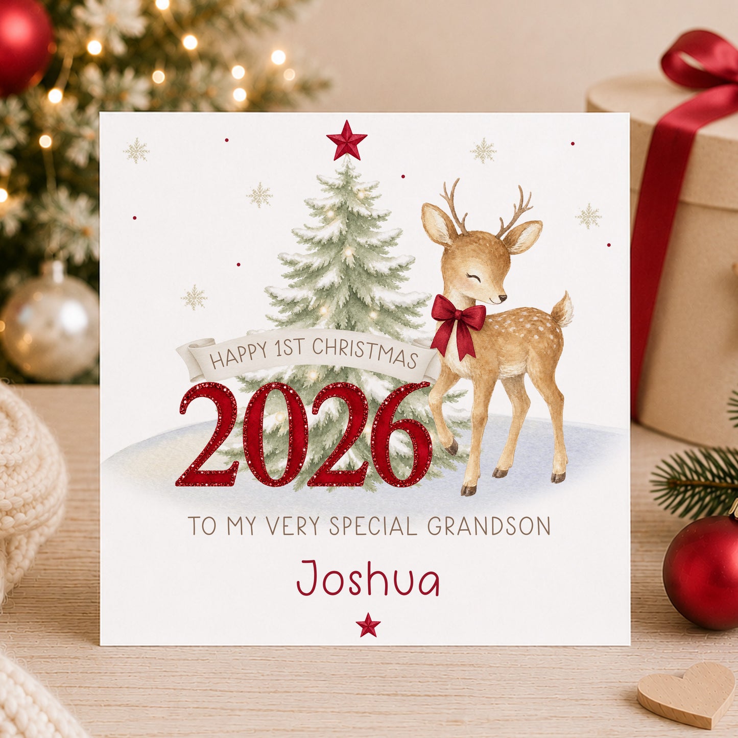 Personalised First Christmas Wrapping Paper – Red Reindeer 2026
