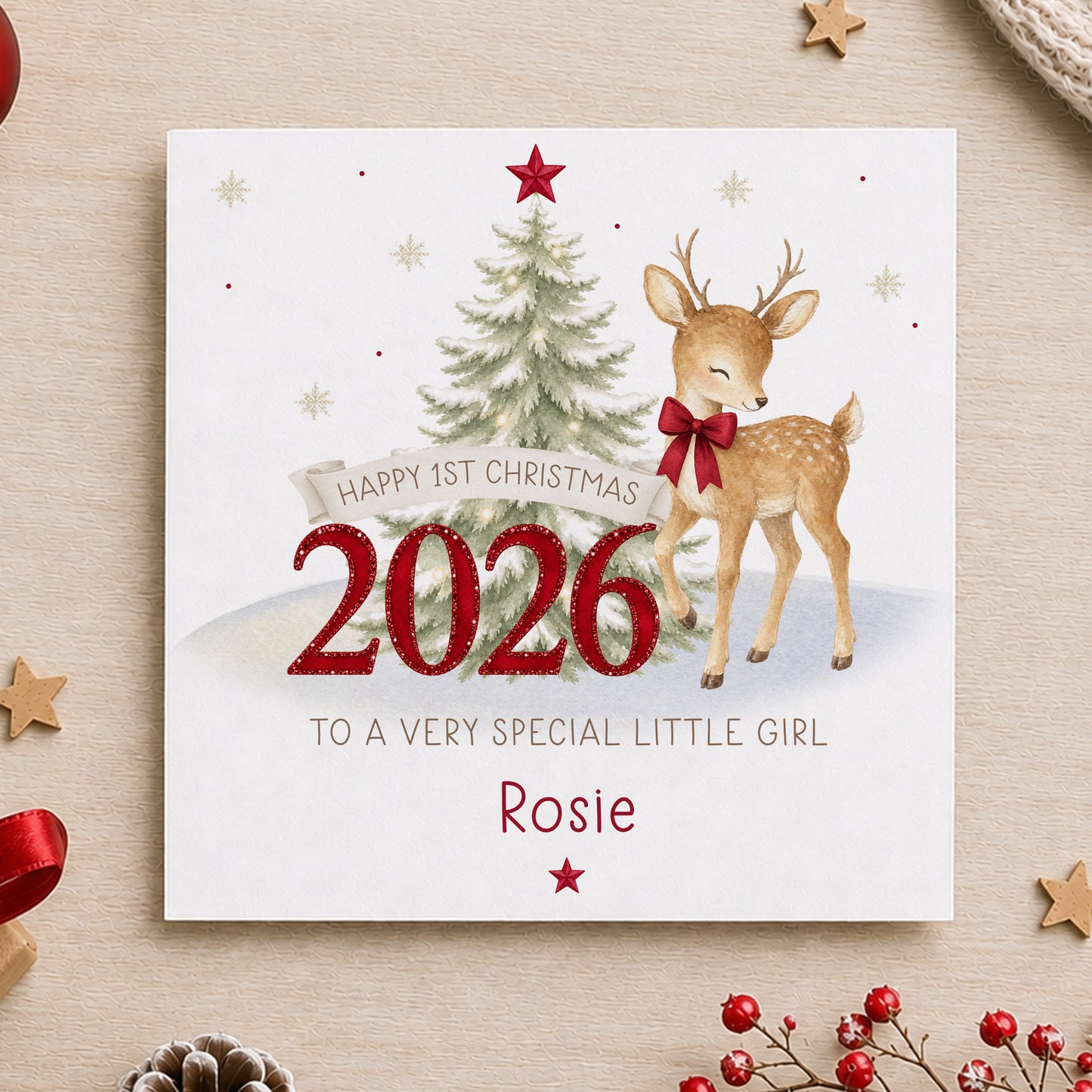 Personalised First Christmas Wrapping Paper – Red Reindeer 2026