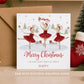 Personalised Niece Christmas card featuring three festive ballerina mice in red dresses and Santa hats dancing in a snowy Christmas scene.