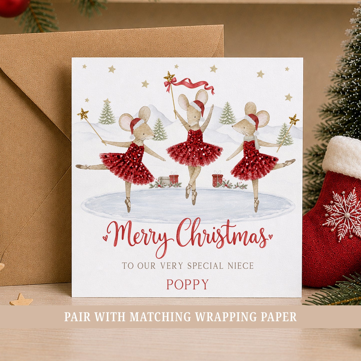 Personalised Niece Christmas card featuring three festive ballerina mice in red dresses and Santa hats dancing in a snowy Christmas scene.