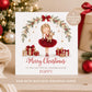 Personalised girls Christmas card featuring a little ballerina in a red printed glitter-effect dress holding a reindeer, with festive greenery, bows and gifts.