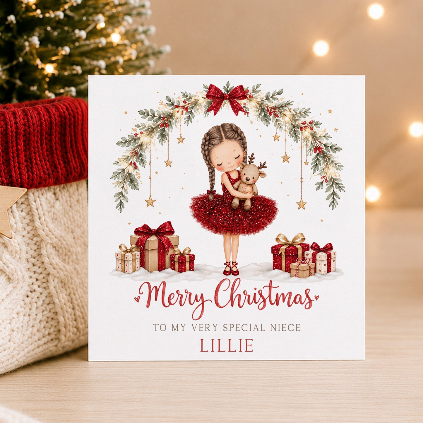 Personalised Girls Christmas Card – Red Ballerina & Reindeer