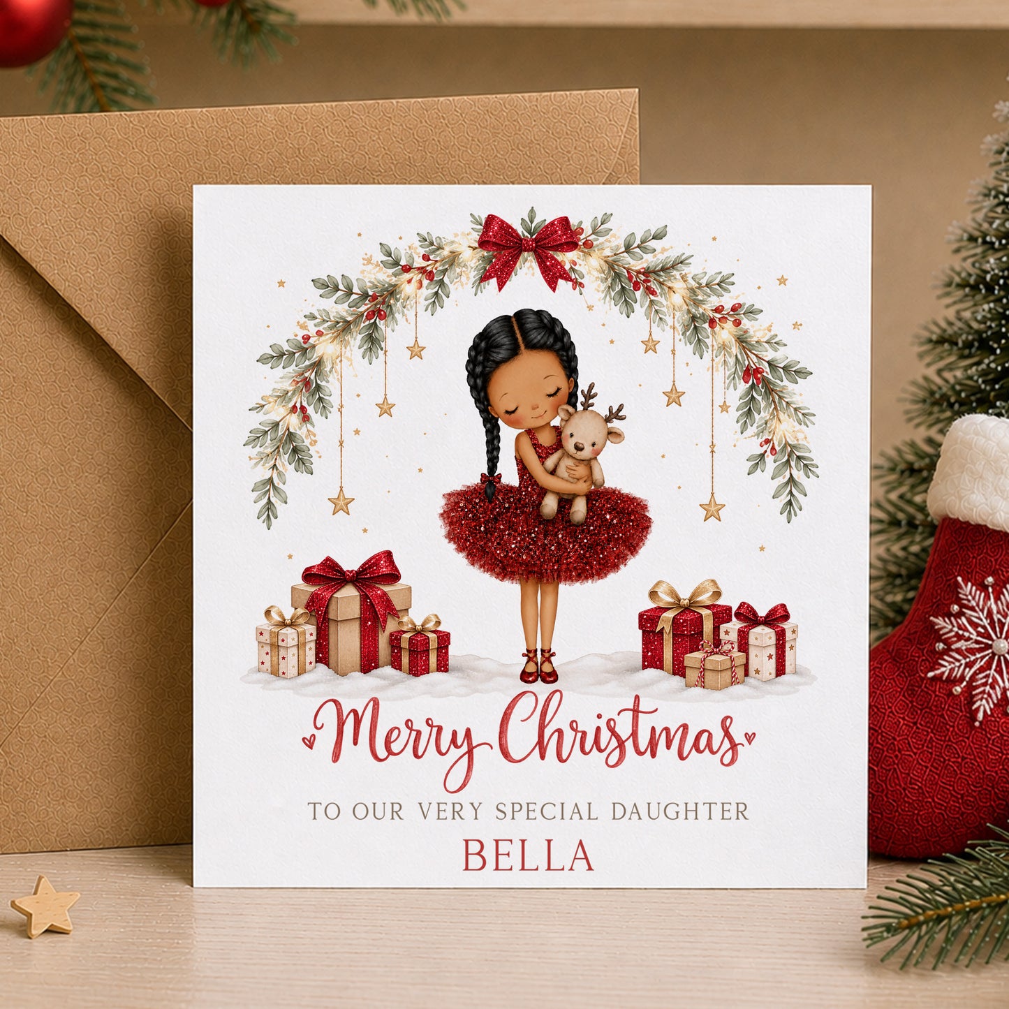 Personalised Girls Christmas Card – Red Ballerina & Reindeer
