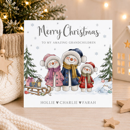 Personalised Snowmen Grandchildren Christmas Card