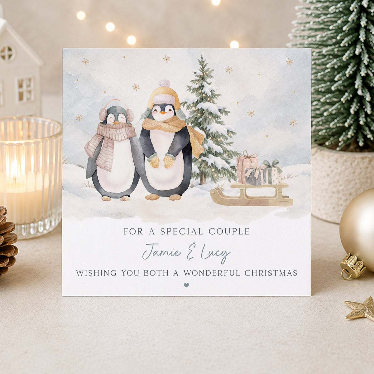 Personalised Son & Daughter-in-Law Penguin Christmas Card