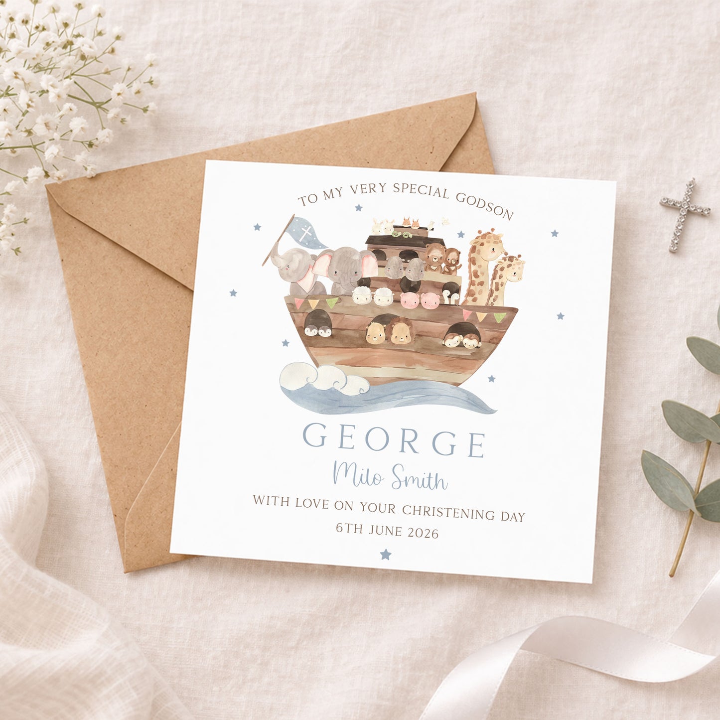 Personalised Boys Noah's Ark Christening, Baptism Card
