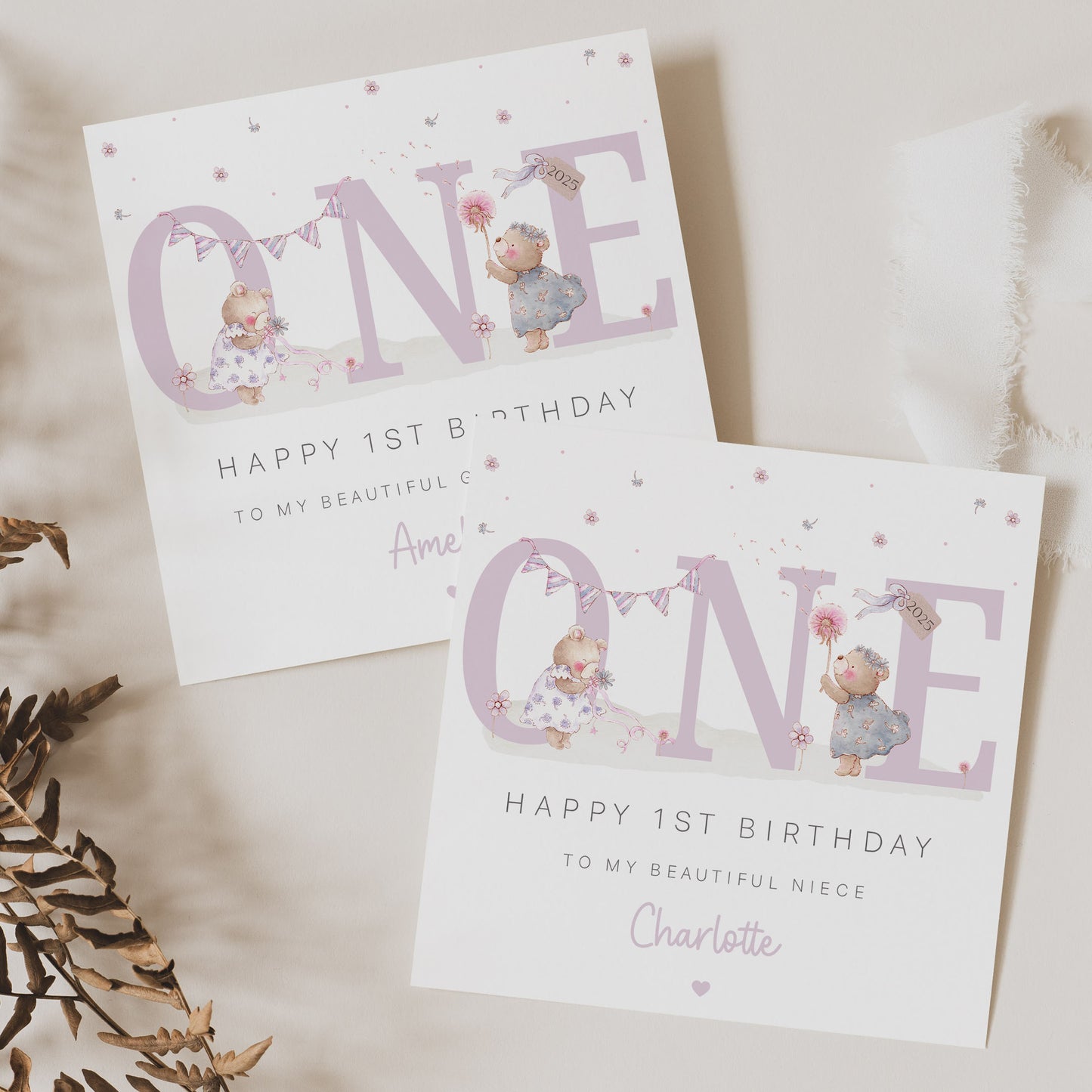 Personalised Girl's Teddy First Birthday Card