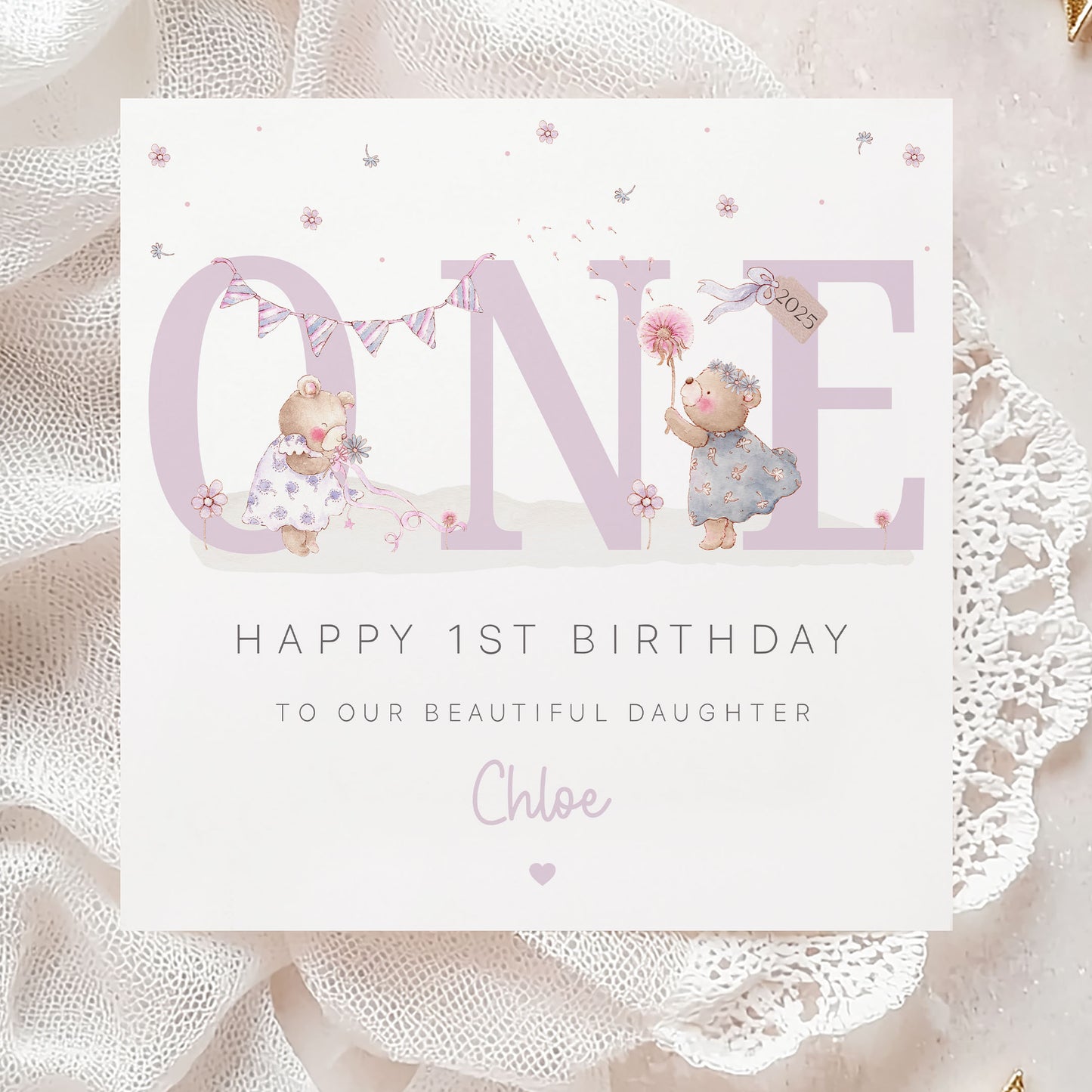 Personalised Girl's Teddy First Birthday Card